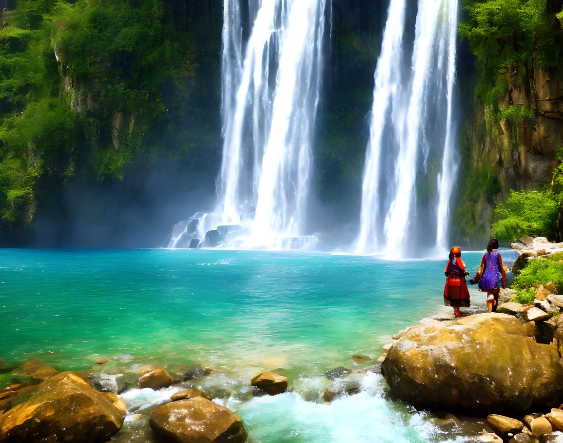 Vibrantly dressed trio admiring waterfall in lush setting