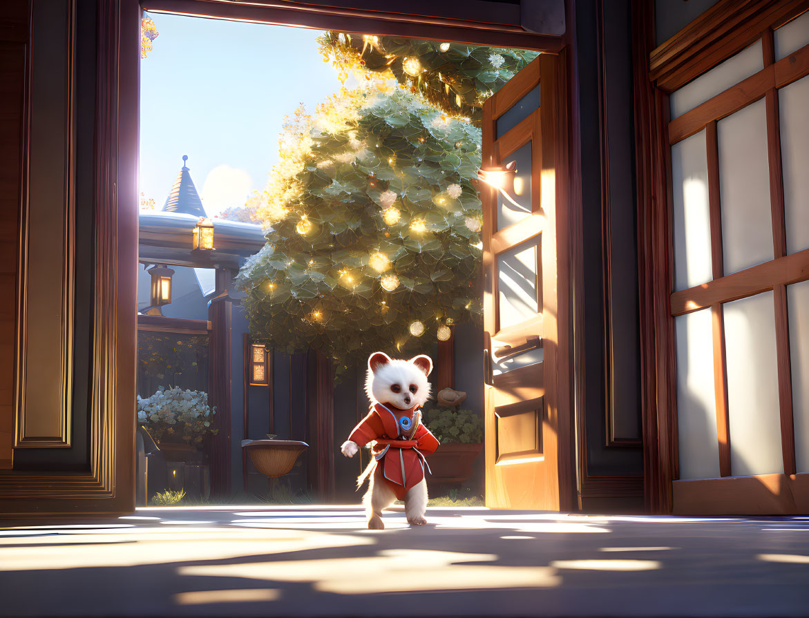 Adorable animated puppy in red outfit near decorated tree