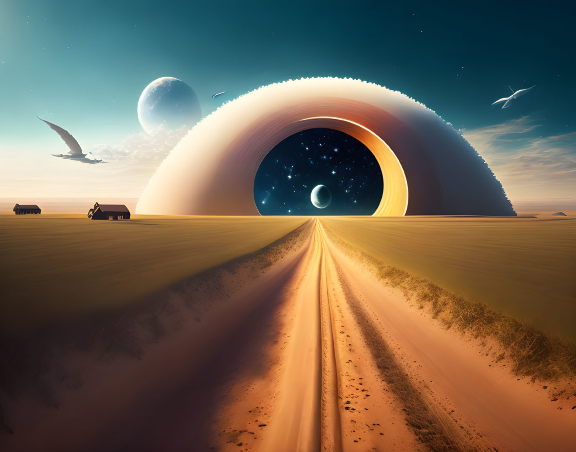 Surreal landscape with road, ring-like structure, starry sky, desert, birds, planets