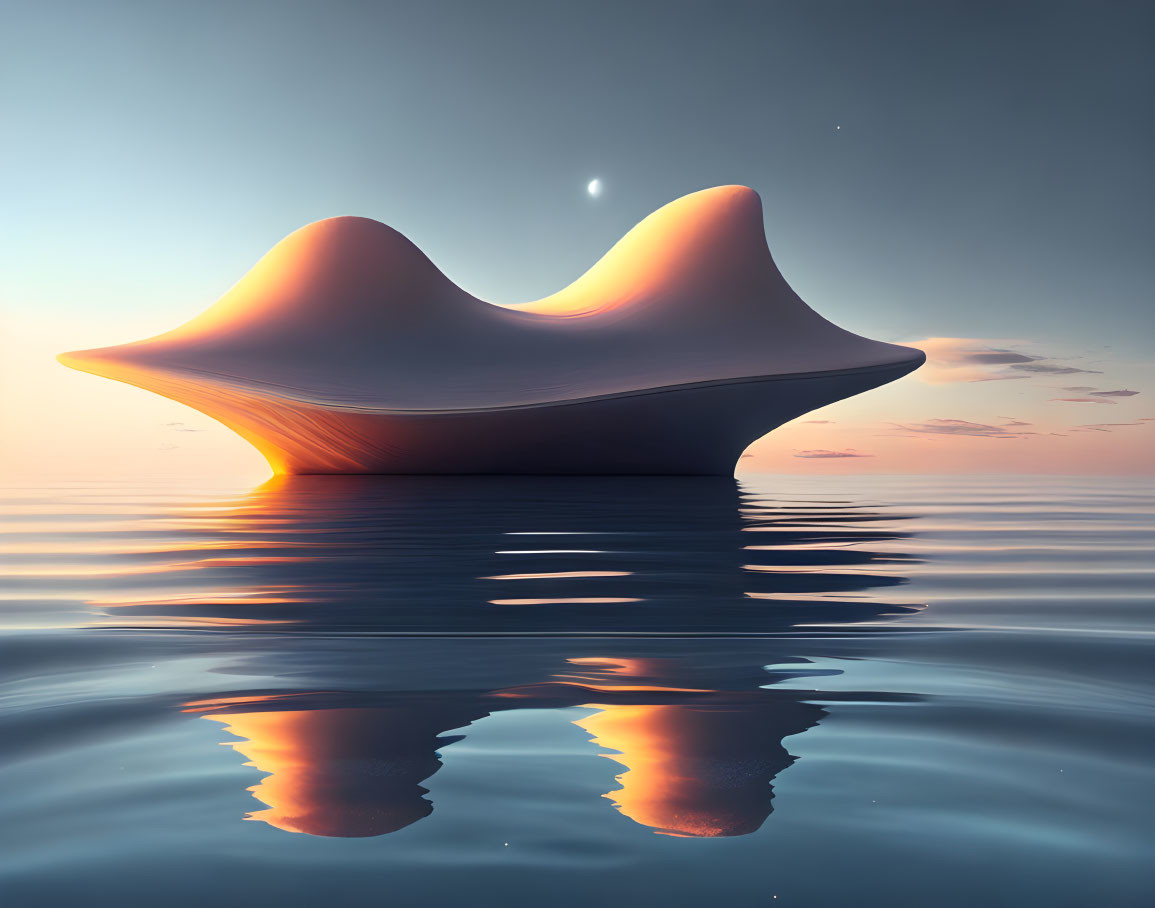 Surreal wave-like sculpture on calm water at sunset