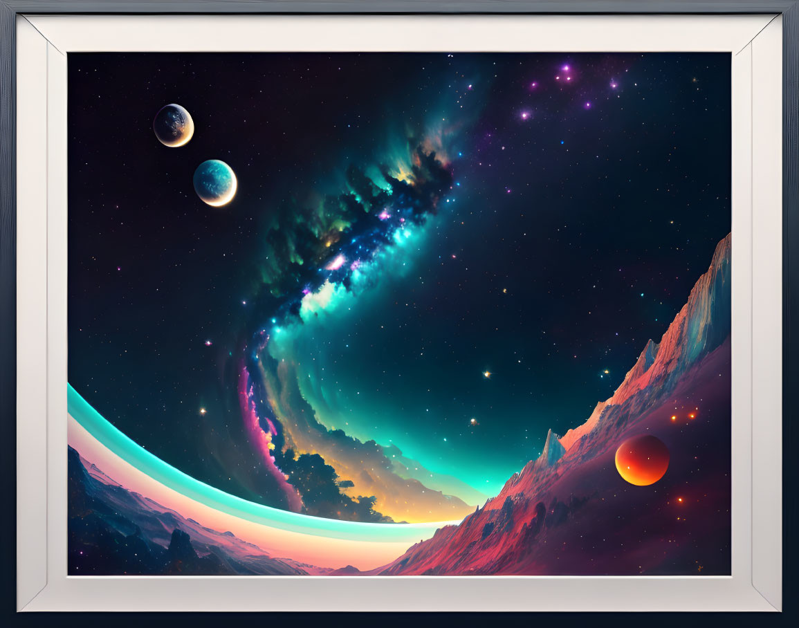 Colorful Cosmic Digital Artwork with Planets, Nebula, and Celestial Landscape