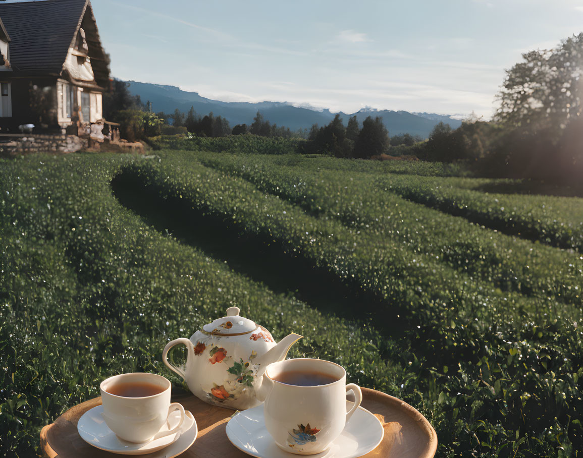 Teapot, cups, green field, mountains, rustic house at sunrise