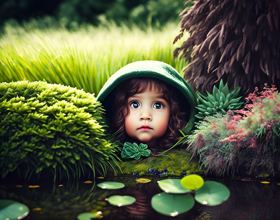 Child with expressive eyes in green hat by tranquil pond with lily pads