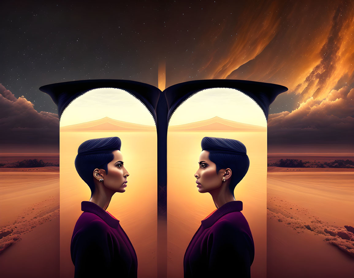 Surreal image: Identical female profiles with open book, dramatic sky & desert landscape