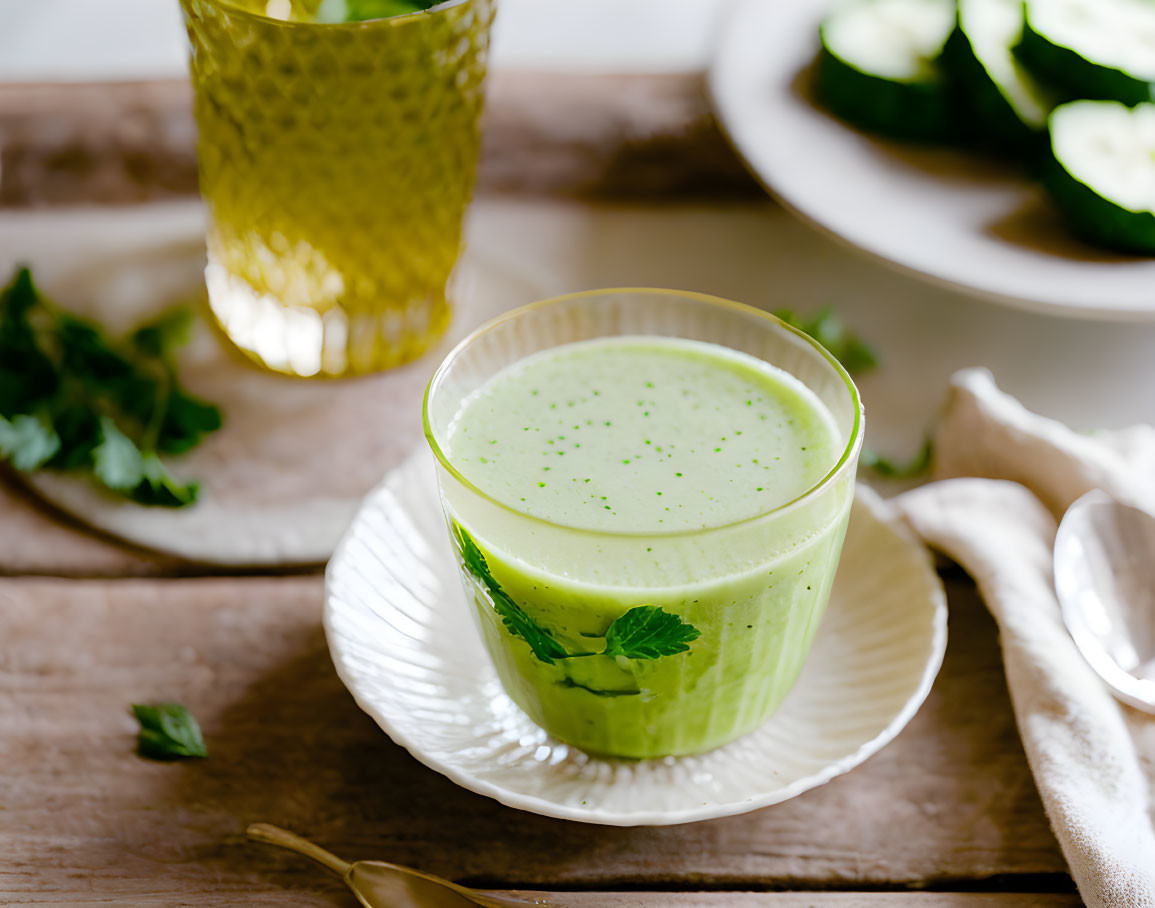 Green smoothie with mint leaves and cucumber slices on wooden surface