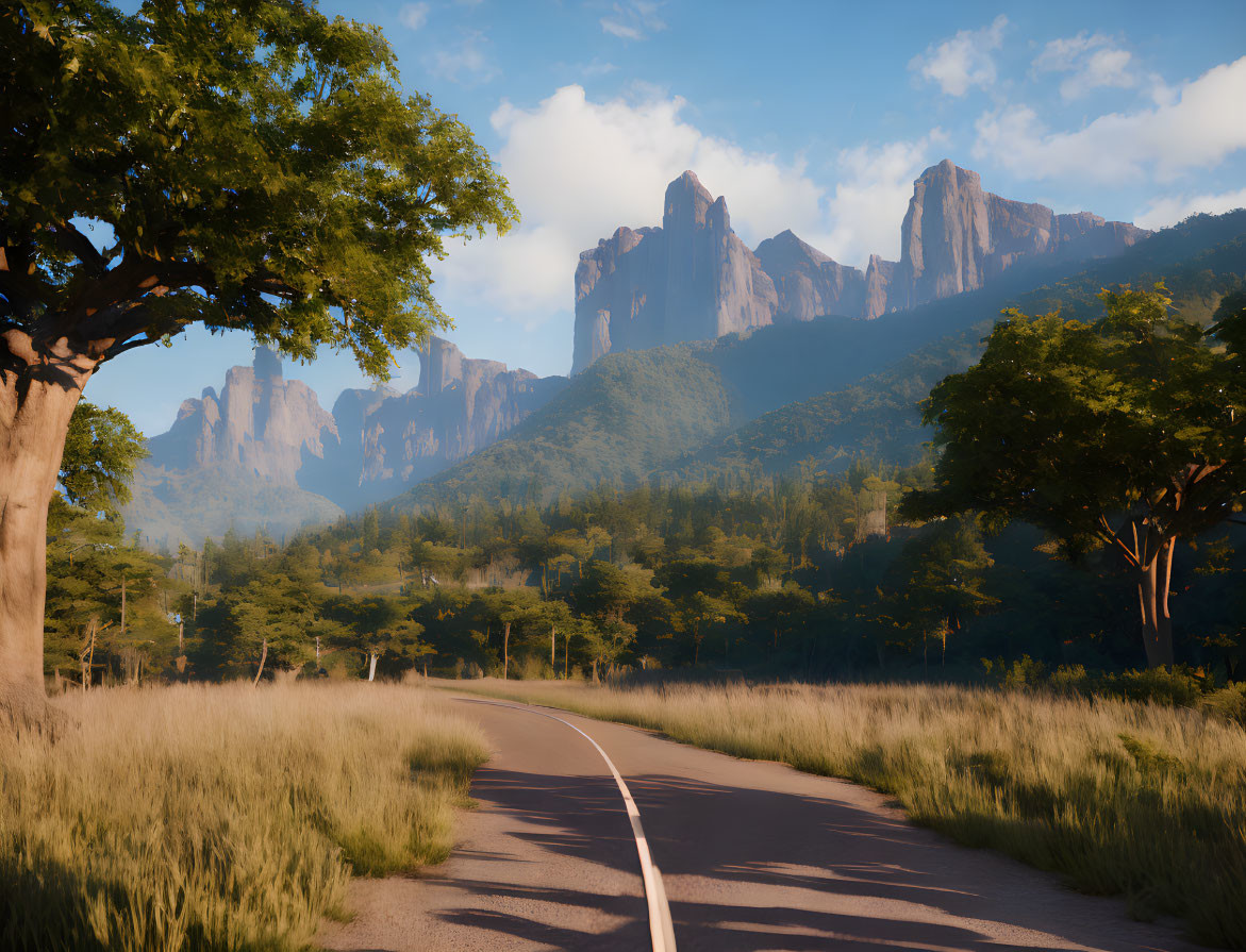 Tranquil landscape with winding road, lush greenery, and towering mountains