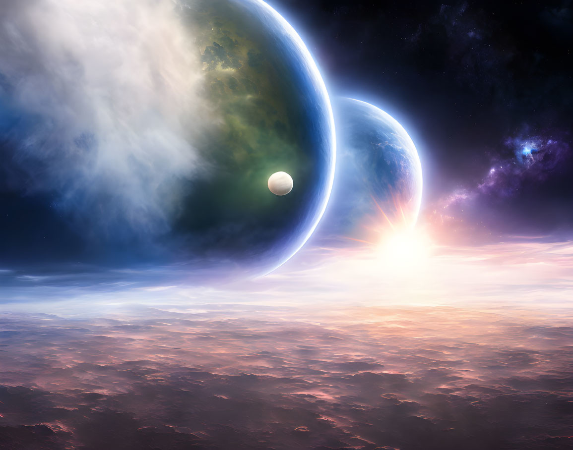 Large planets, moon, star, and nebula in dramatic space scene