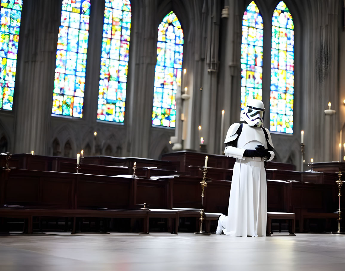 Stormtrooper costume in church with stained glass windows