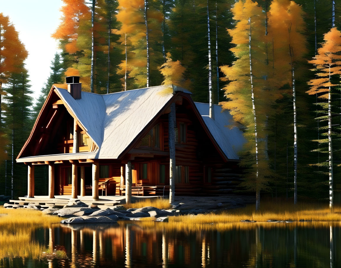 Wooden cabin surrounded by autumn trees near calm lake.