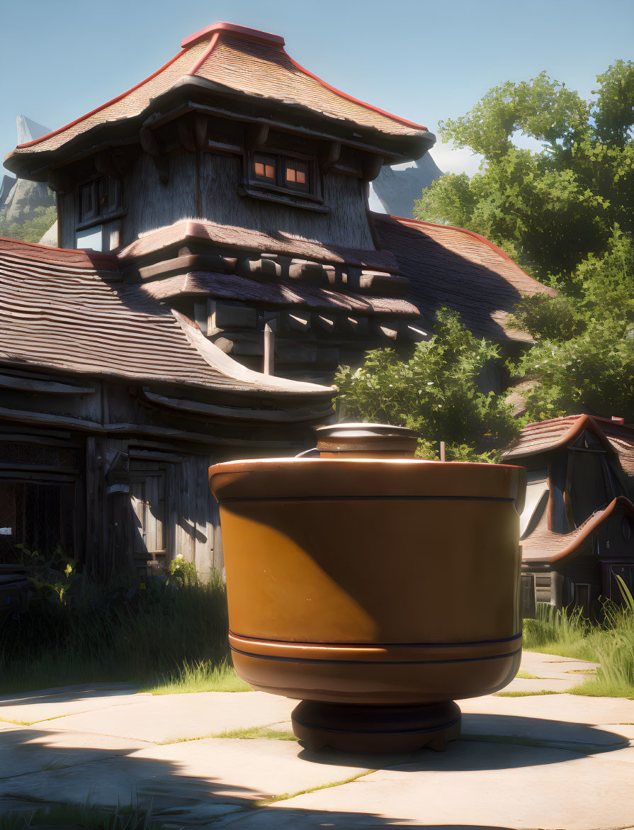 Asian-style House with Curved Roof Tiles in Green Setting & Brown Ceramic Pot