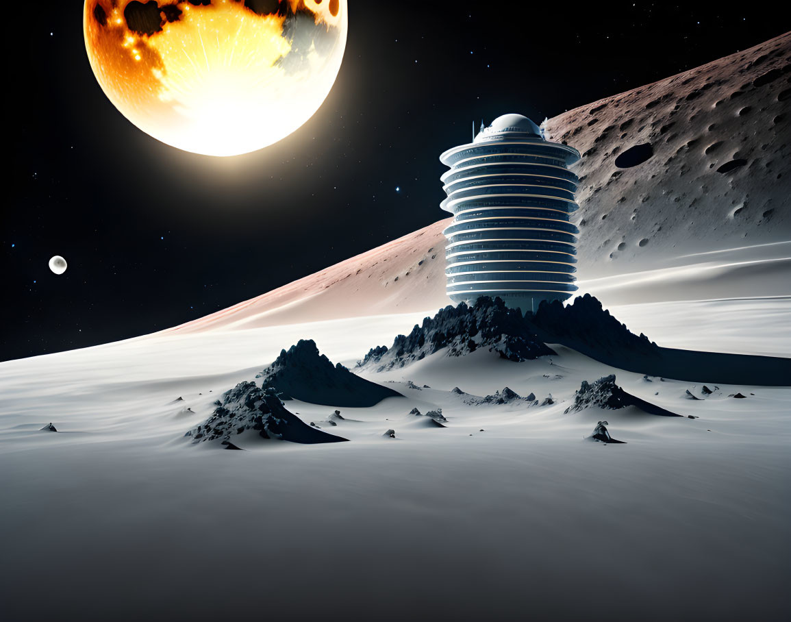 Futuristic building in snowy alien landscape with moon and planet