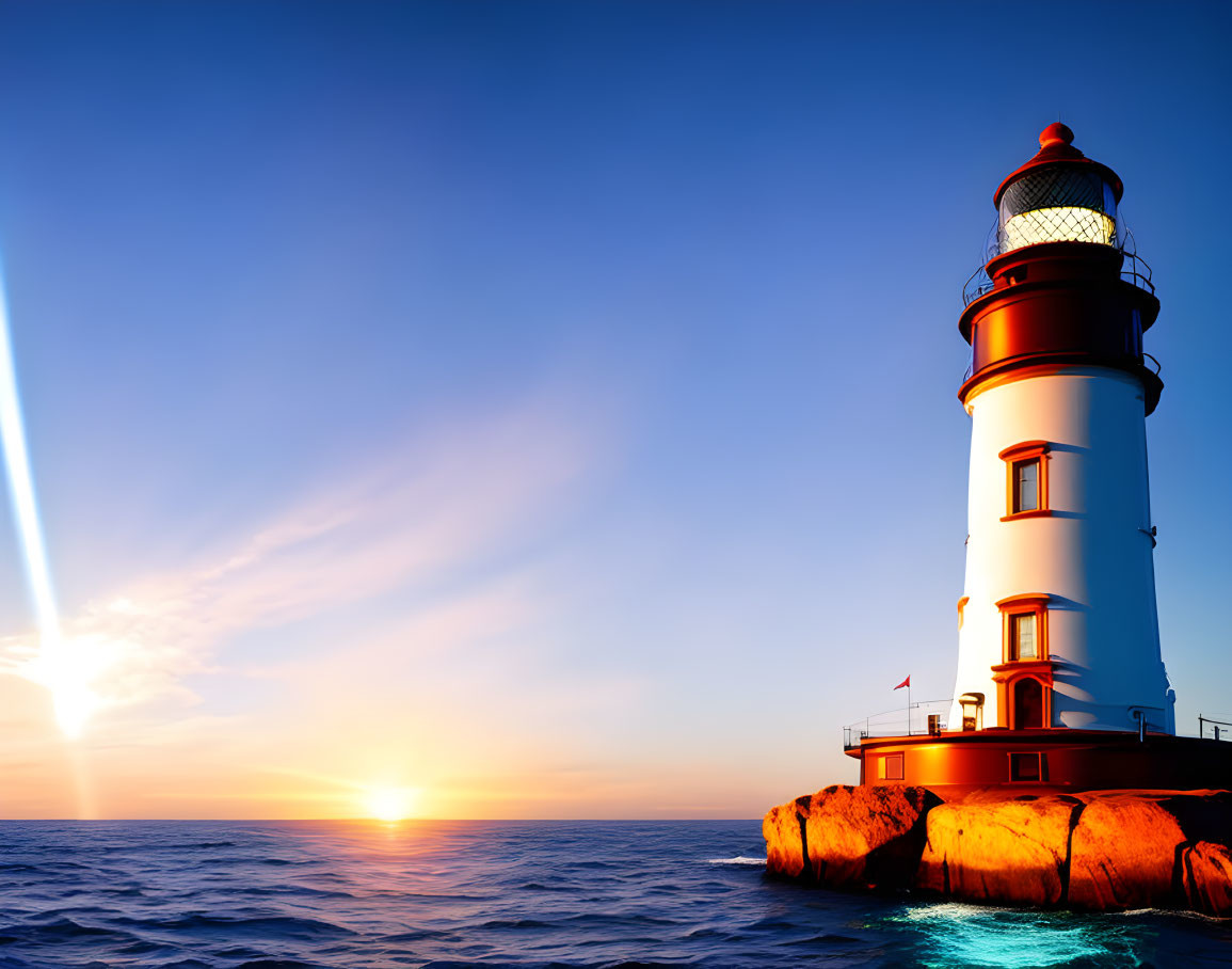 Red and White Lighthouse on Rocky Outcrop at Sunset