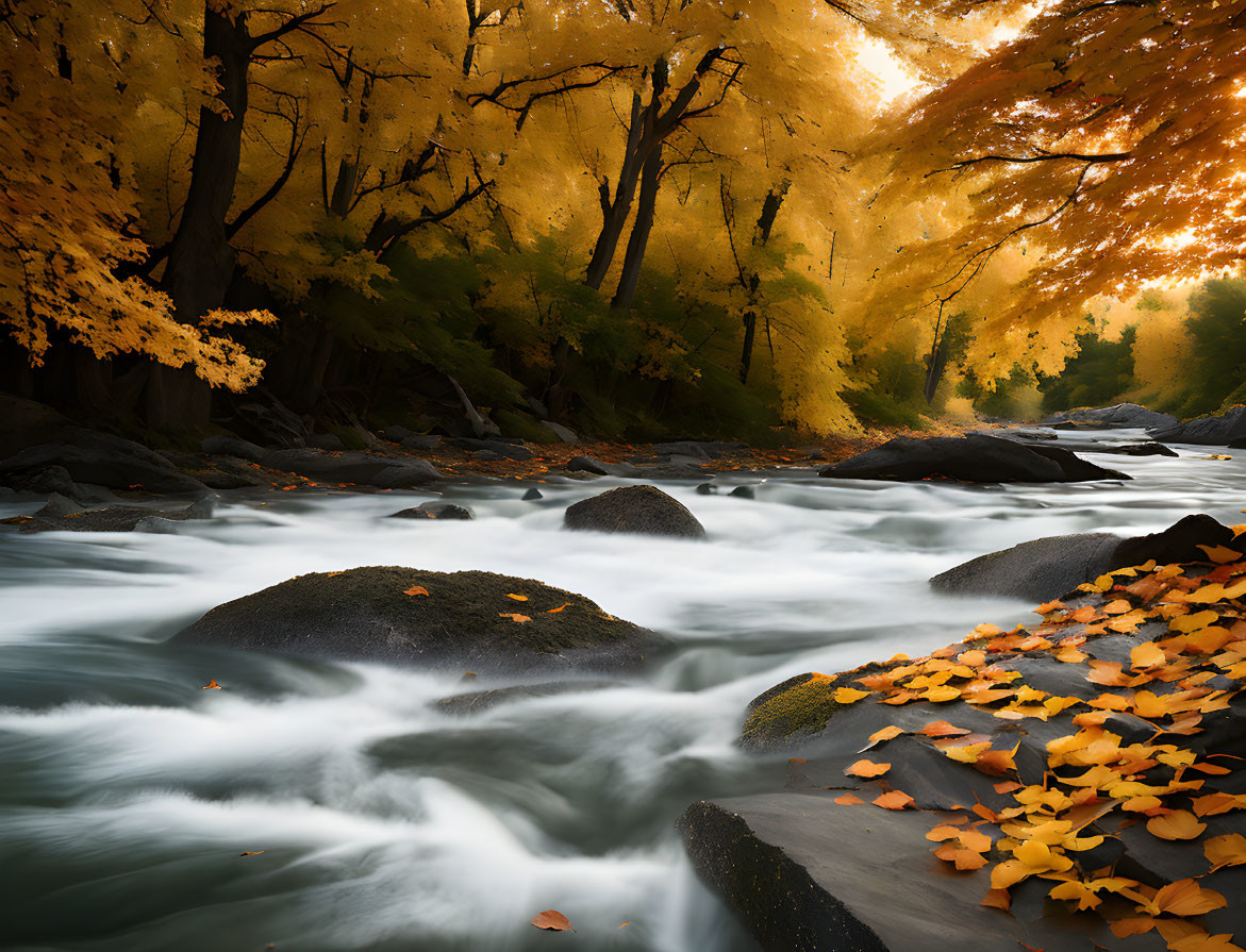 Tranquil river in autumn forest with golden leaves