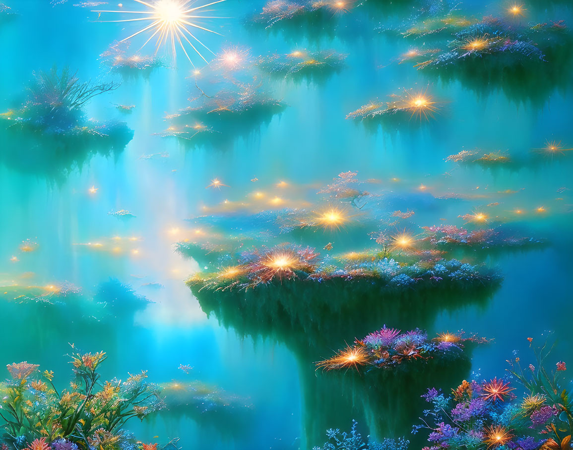 Luminous plants in dreamlike floating landscape