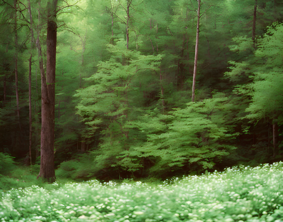 Tranquil forest scene with vibrant green foliage and white flowers