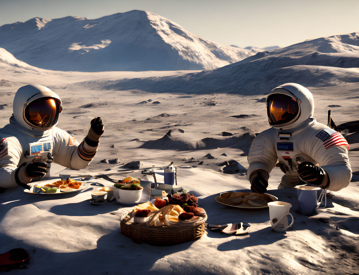 Astronauts in white space suits having a picnic on lunar landscape