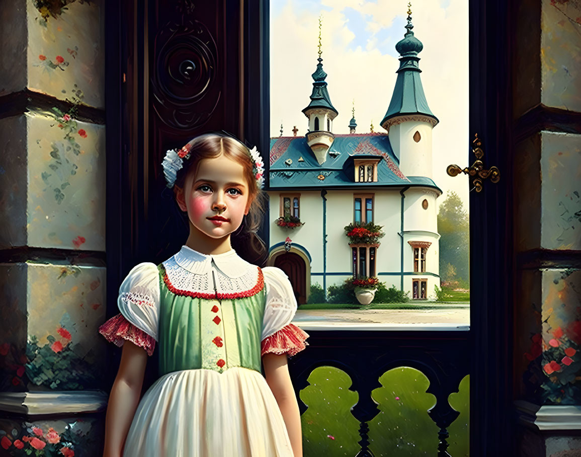 Young girl in vintage dress at castle door with gardens in warm light