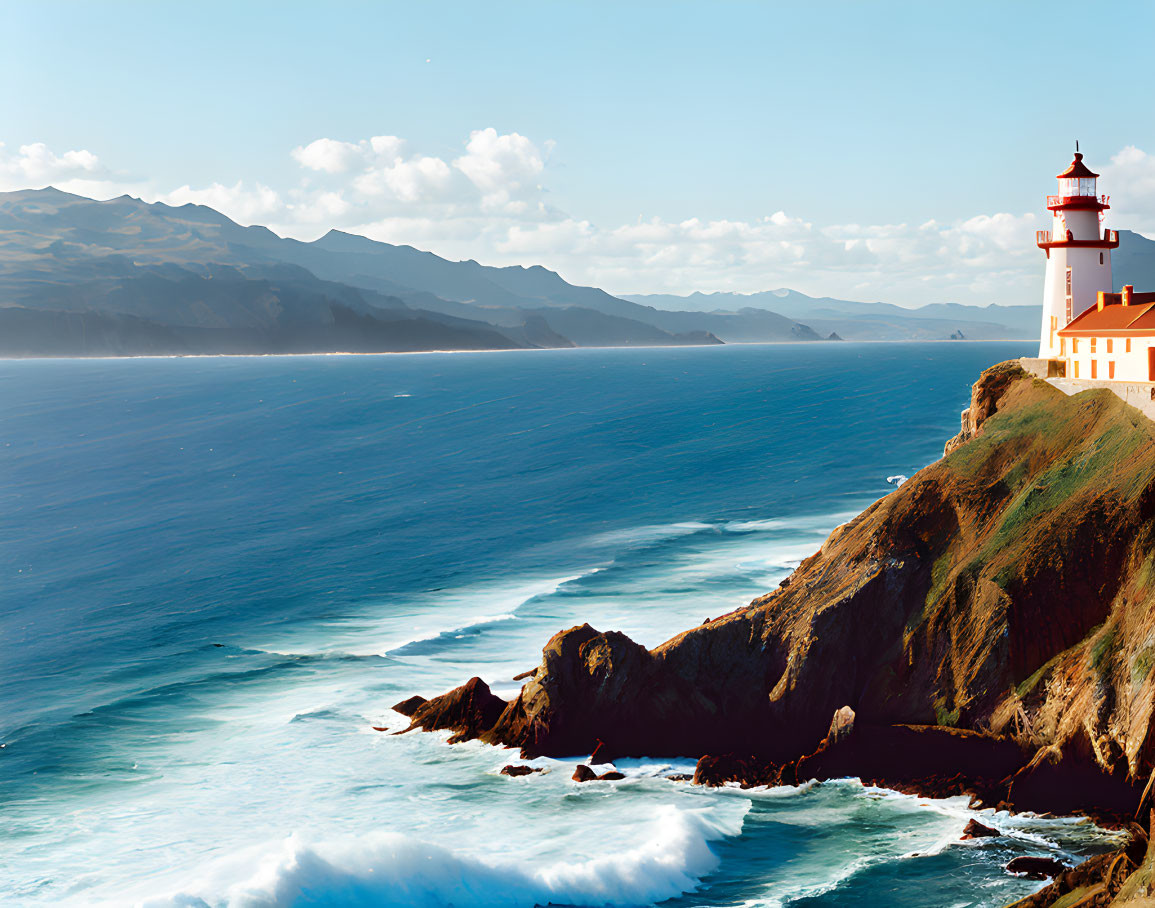 Red and White Lighthouse on Cliff Overlooking Blue Ocean