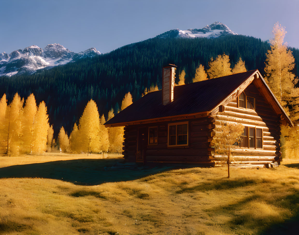 Rustic log cabin in golden forest with snow-capped mountains