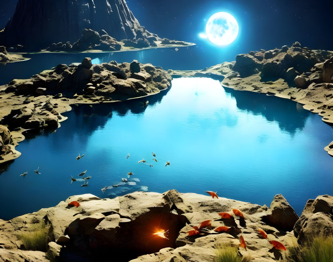 Extraterrestrial landscape with blue water, rocks, fish, and glowing moon