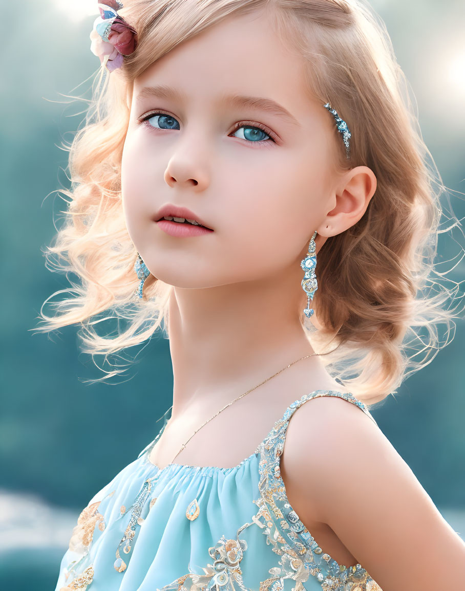 Young girl in blue dress with golden details and flower hair clip poses in soft-focus background