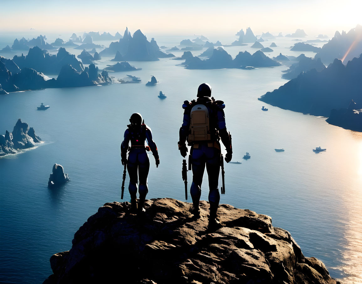 Astronauts on rocky outcrop above sharp peaks and sea