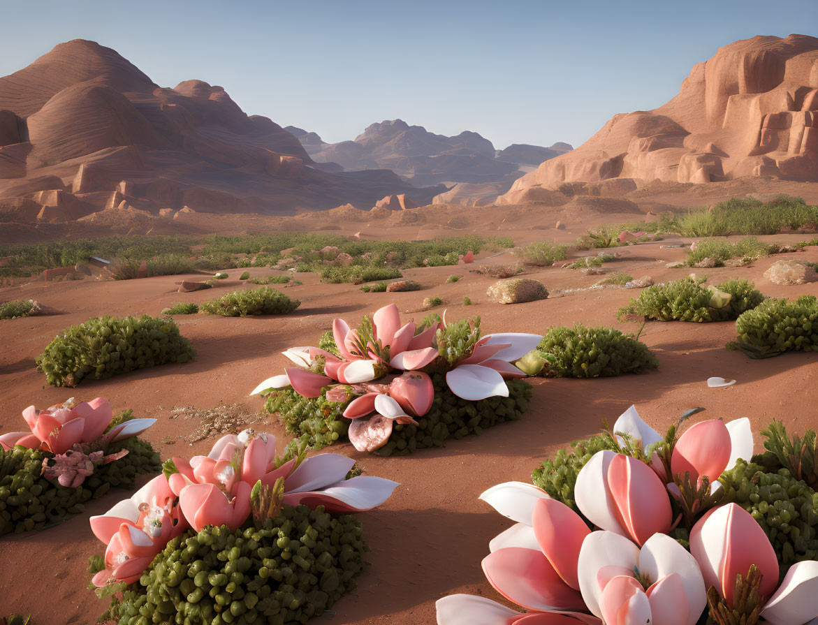 Pink succulent flowers in serene desert landscape