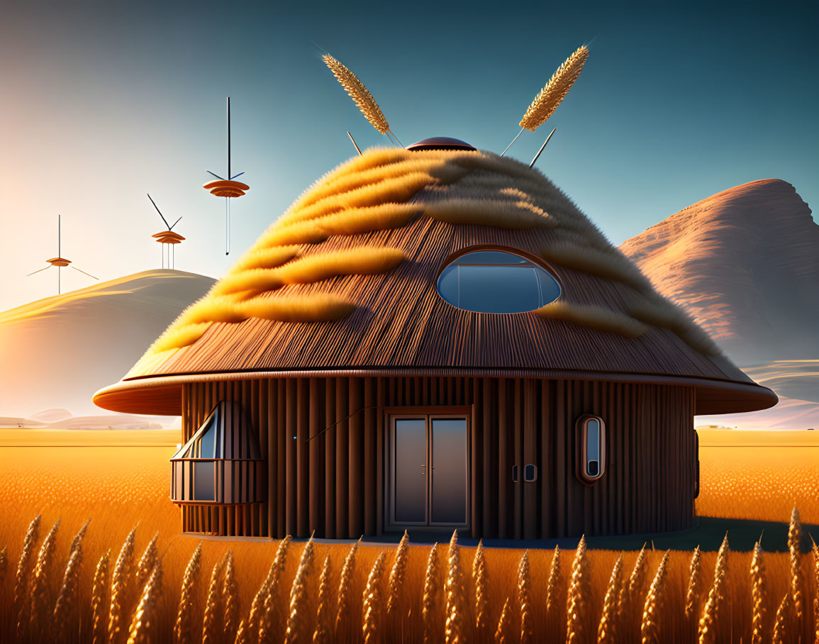 Upside-Down Wheat Sheaf House in Golden Field with Futuristic Satellites