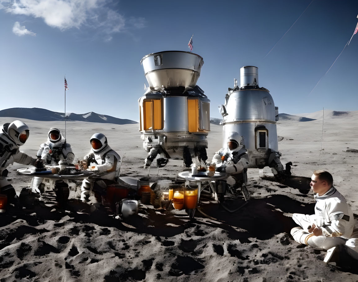 Astronauts in space suits at lunar table with child and modules