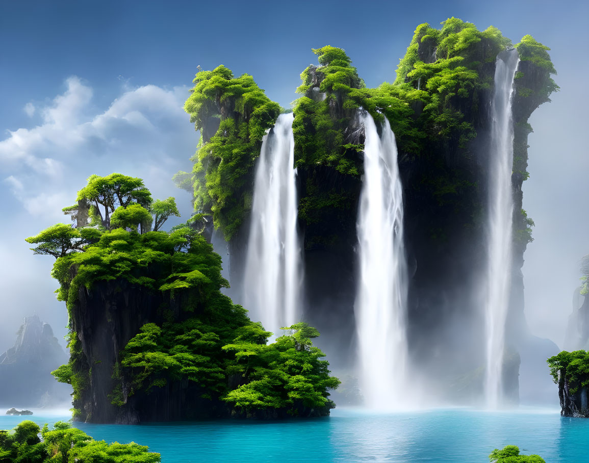 Lush green cliff with twin waterfalls cascading into turquoise lake