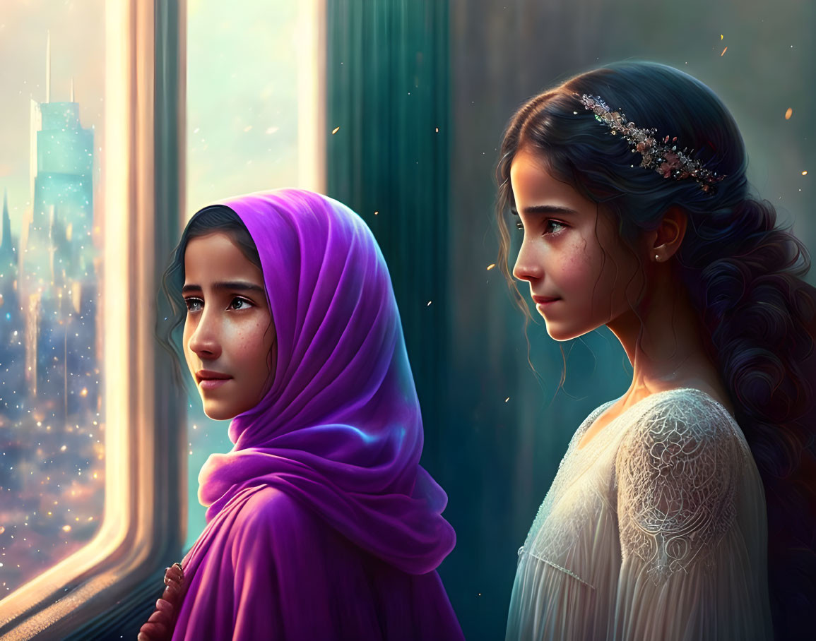 Two girls in purple hijab and floral headpiece by window with futuristic cityscape.