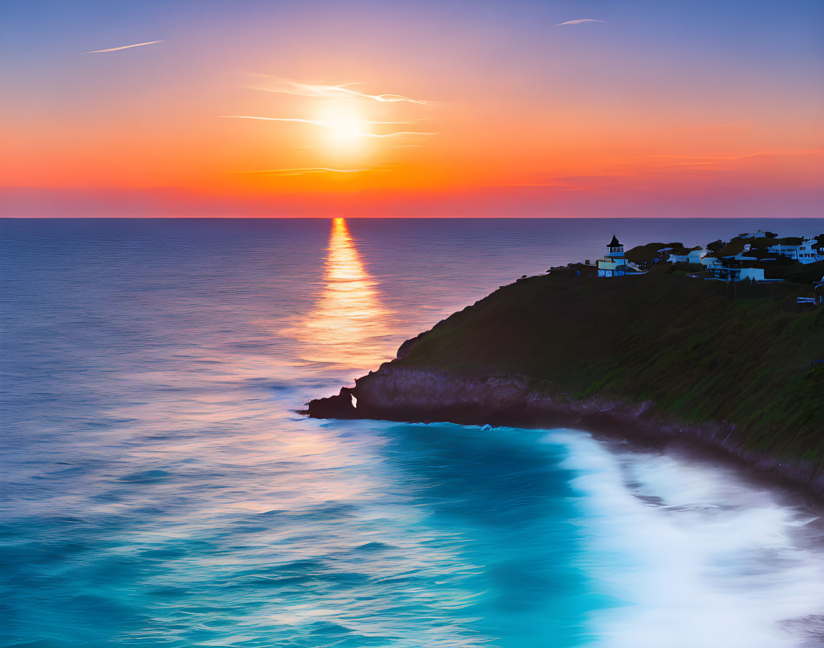 Coastal landscape with lighthouse, ocean waves, and colorful sunset sky.