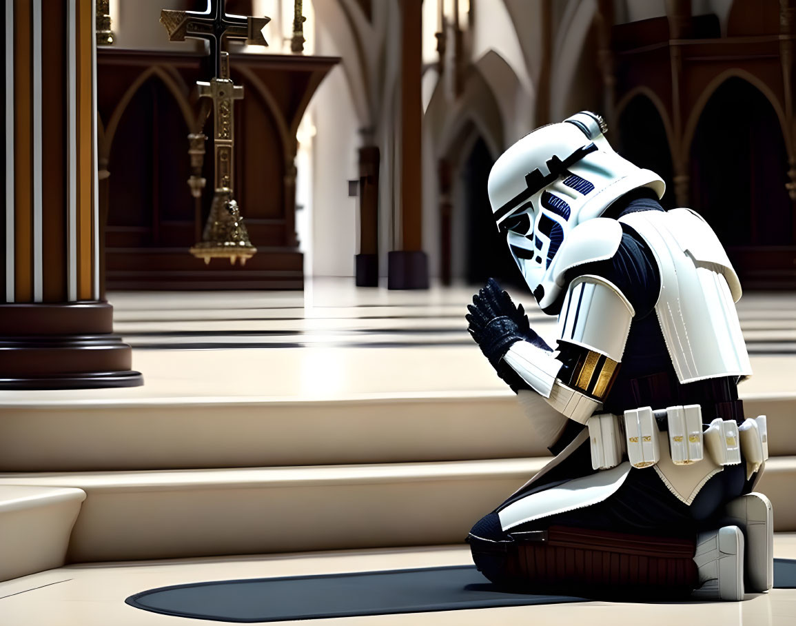 Stormtrooper costume person praying in cathedral with cross