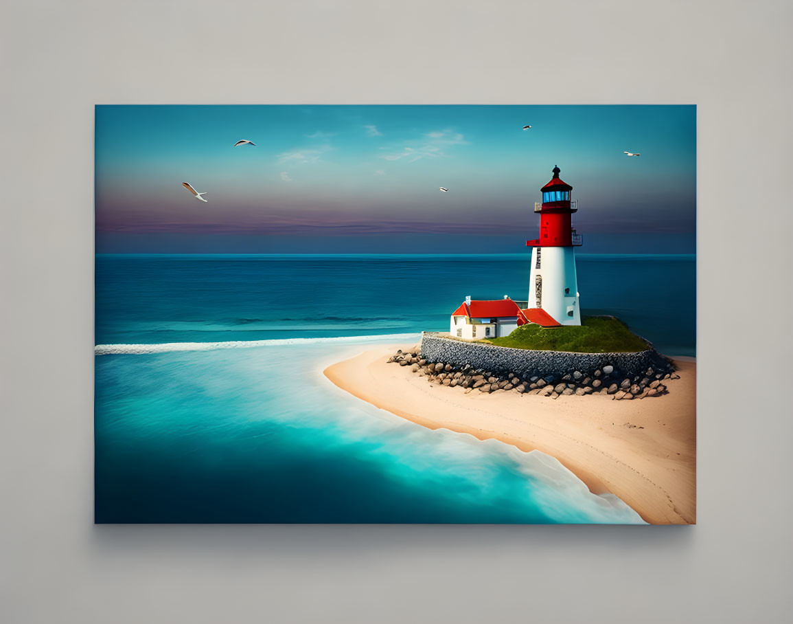 Tranquil seascape with red and white lighthouse on smooth beach