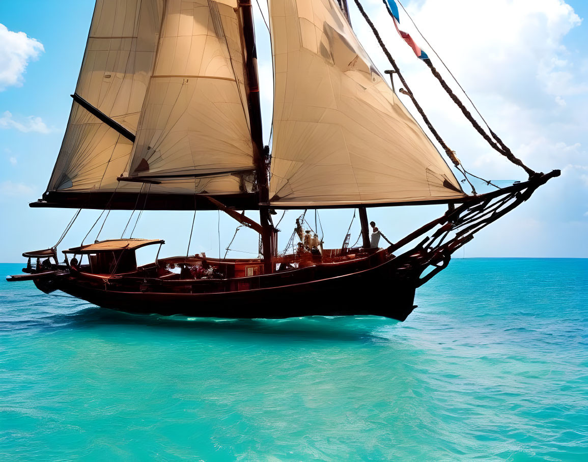 Vintage sailing yacht with tan sails on turquoise sea