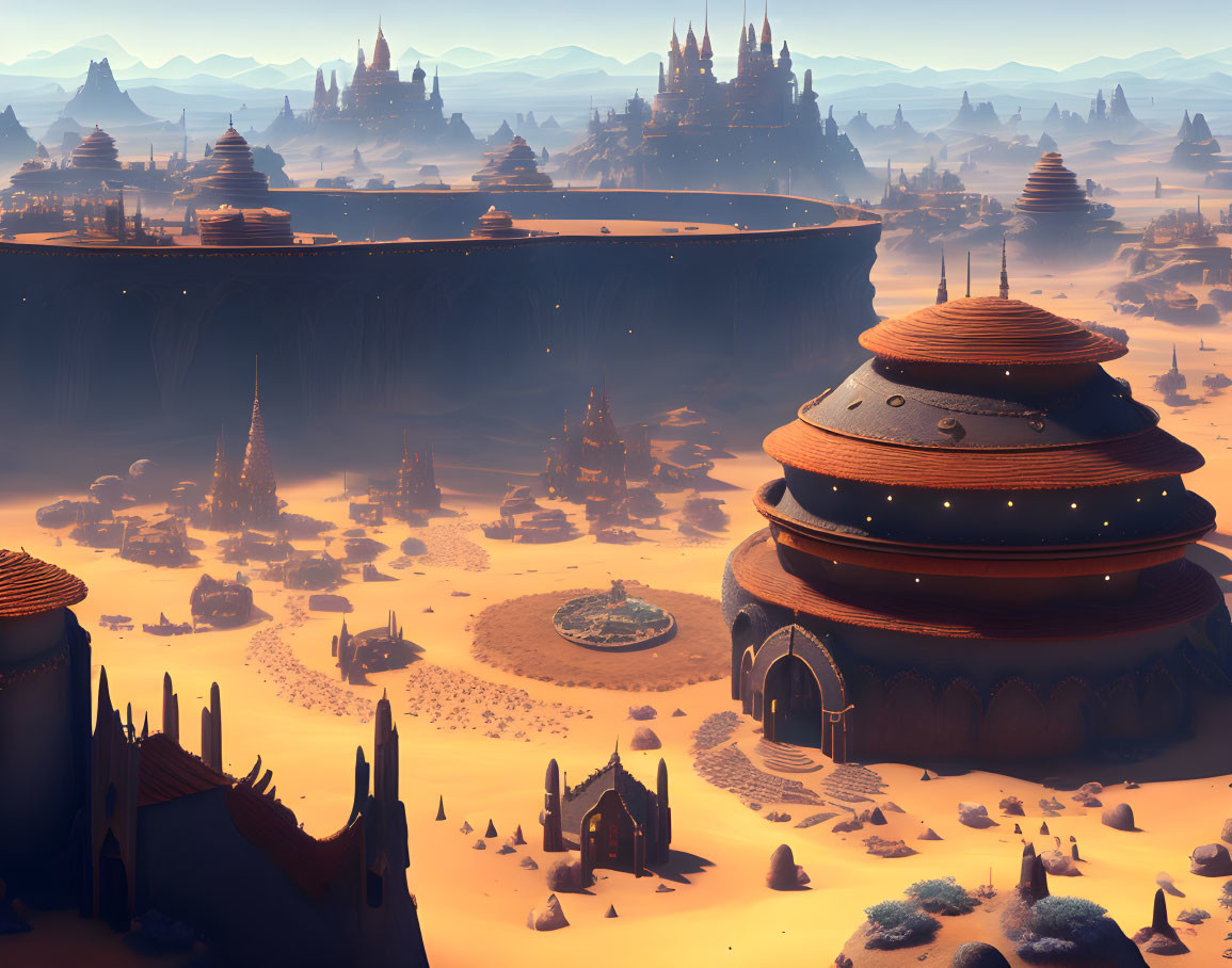 Futuristic desert landscape with domed structures and spires