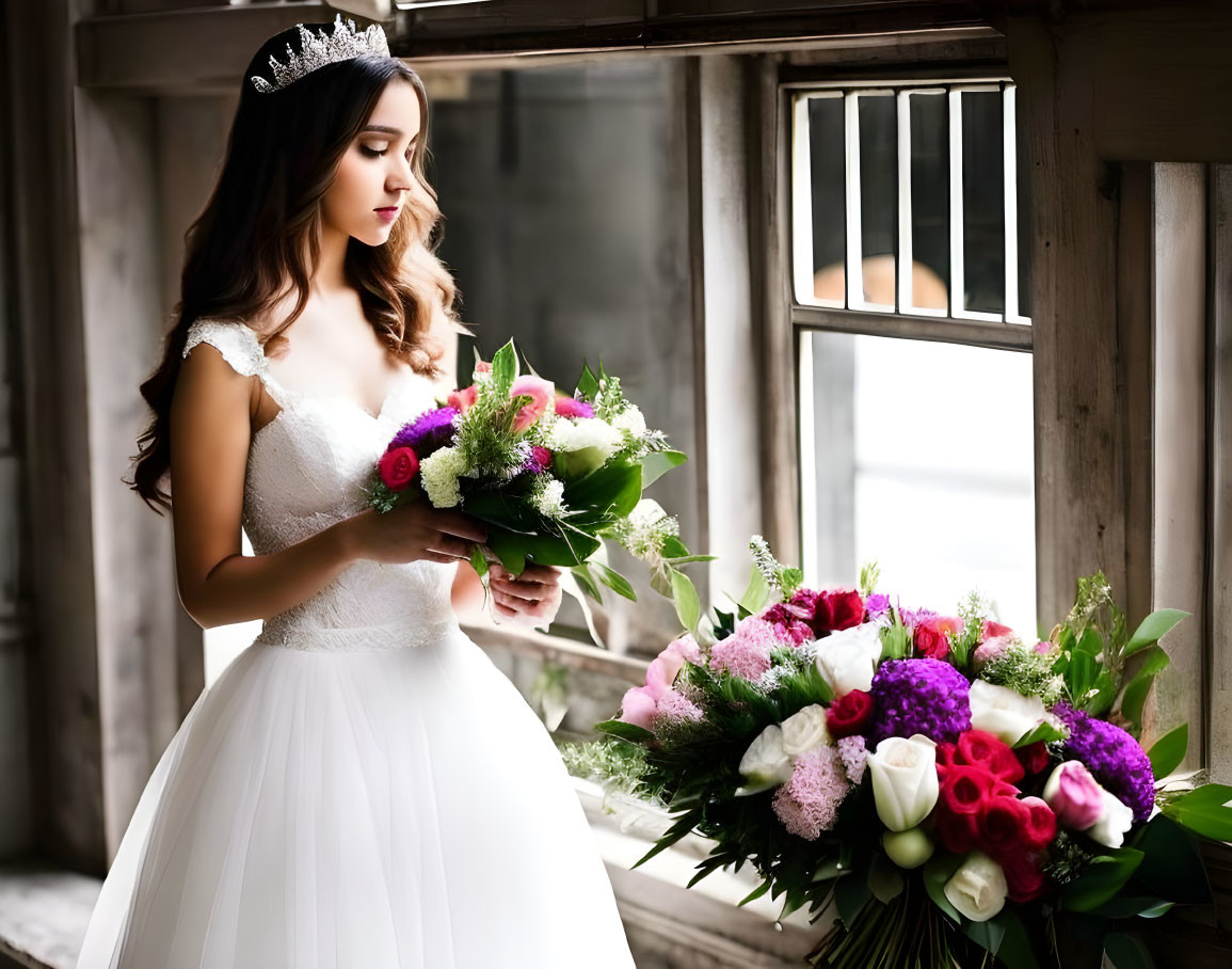 Bride in white gown with bouquet by window and flowers