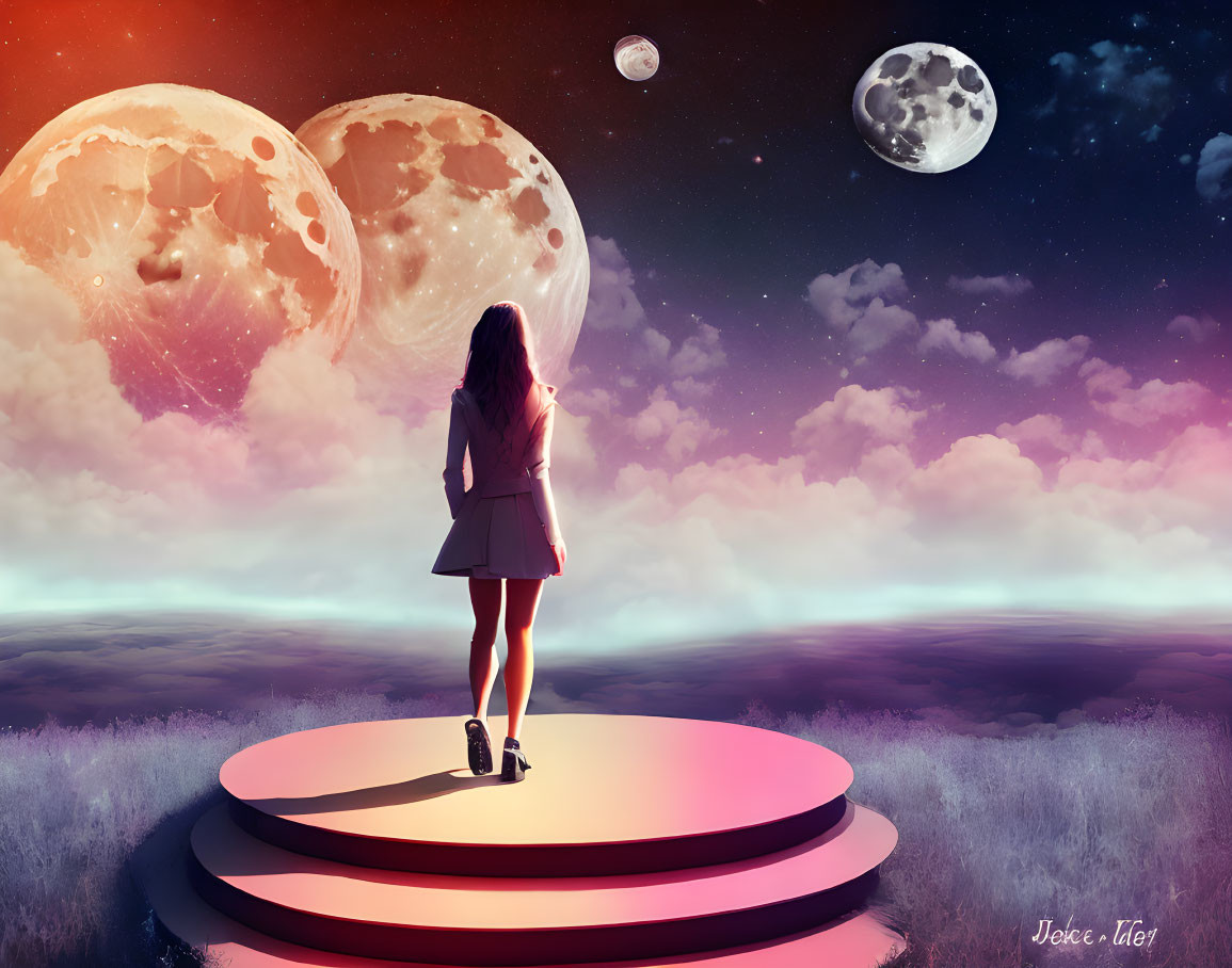 Girl on circular platform gazes at colorful sky with three moons