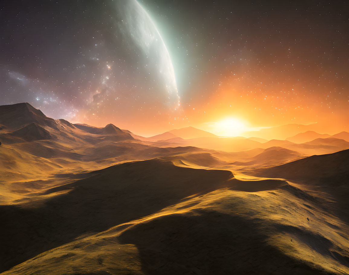 Alien landscape with rolling hills, ringed planet, and starry sky