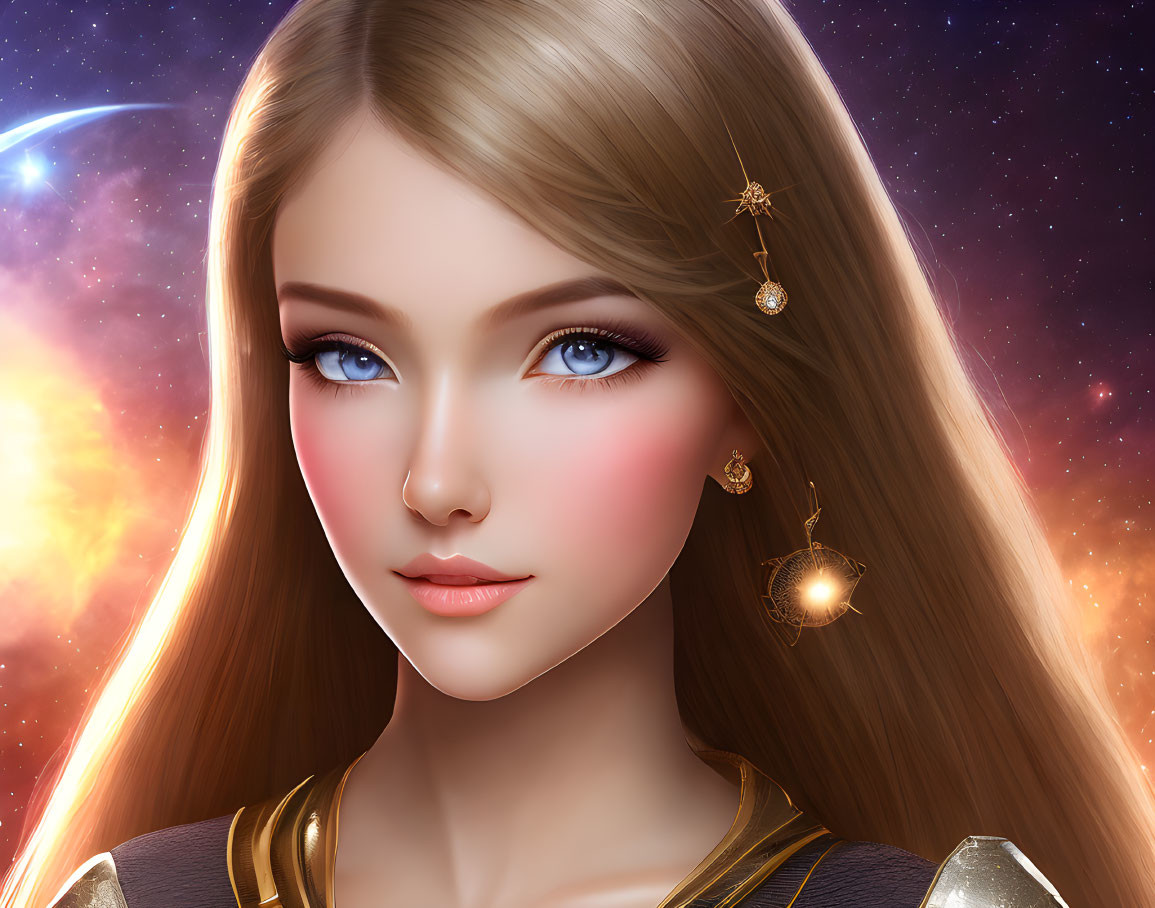 Digital artwork featuring woman with blue eyes in cosmic setting