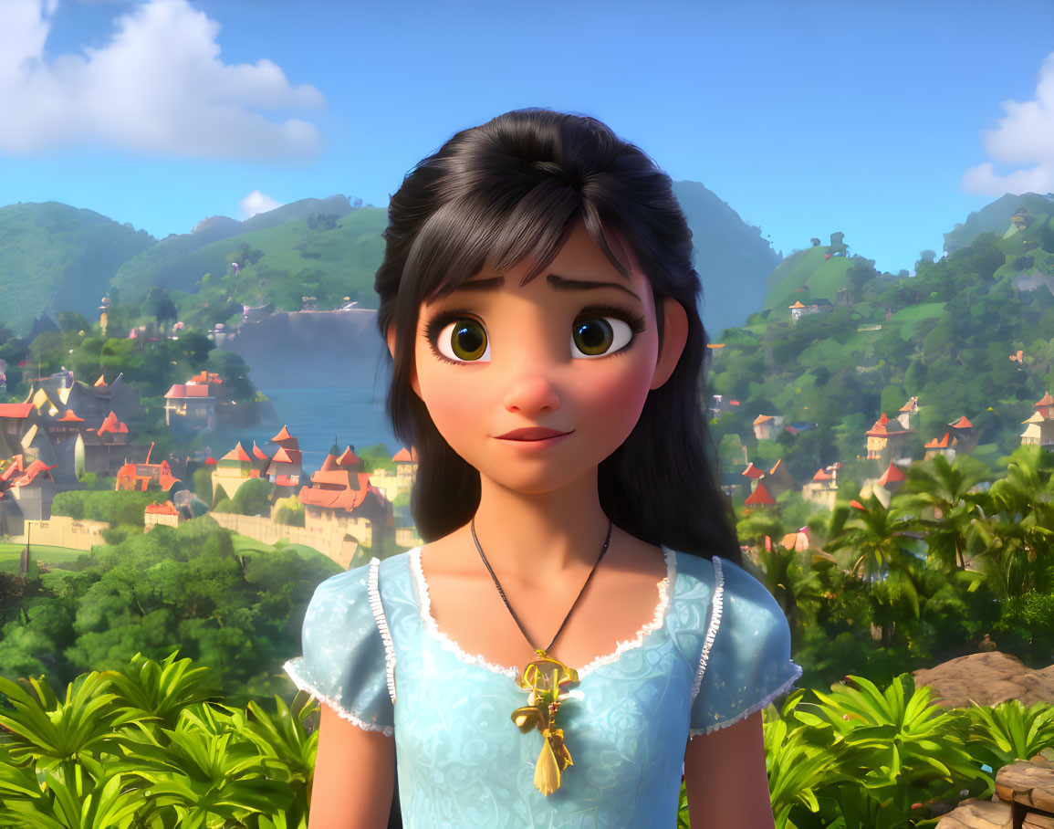 Animated girl with large eyes and key pendant in sunny village scene