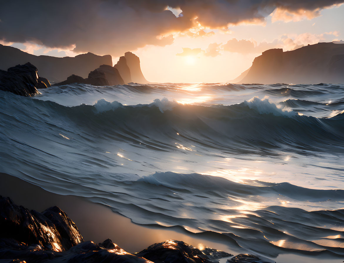 Dramatic sunset over turbulent sea with breaking waves and silhouetted cliffs