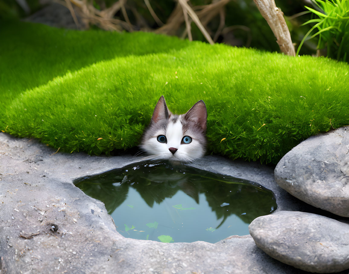 Curious kitten in lush greenery by tranquil pond with stone edge