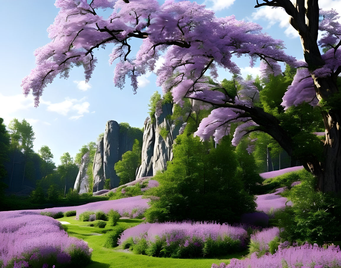 Lush landscape with cliffs, purple trees, lavender meadow, and blue sky