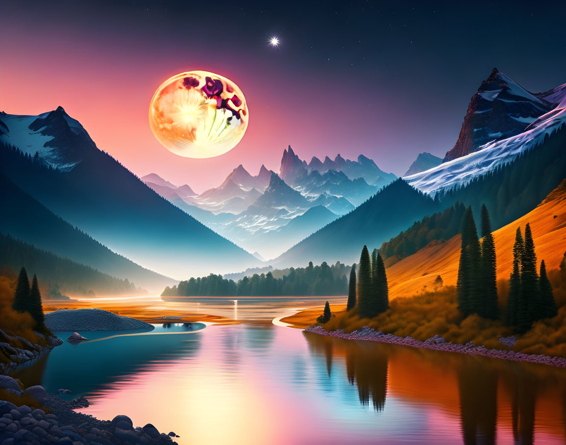 Mountain Landscape with Reflective River and Starry Sky