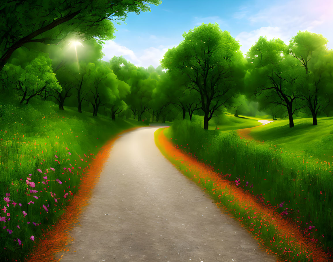 Tranquil path with lush trees and wildflowers under sunlight