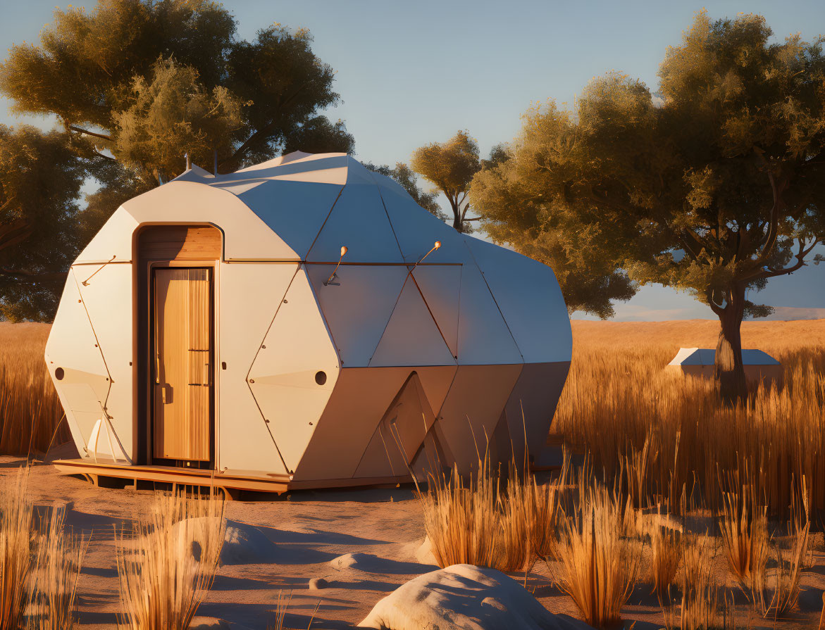 Geodesic dome shelter in golden grass at sunset