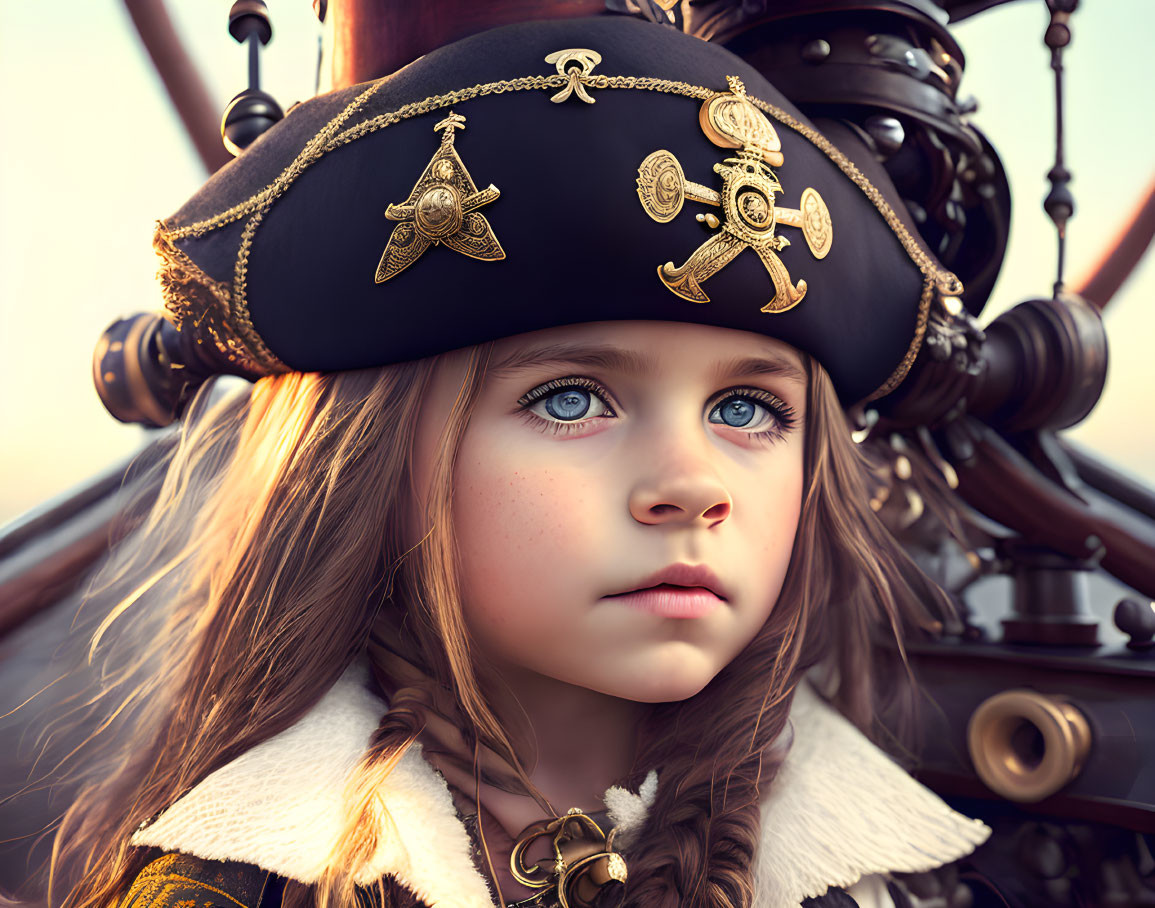 Young girl with blue eyes in pirate hat and coat with braided hair gazes thoughtfully