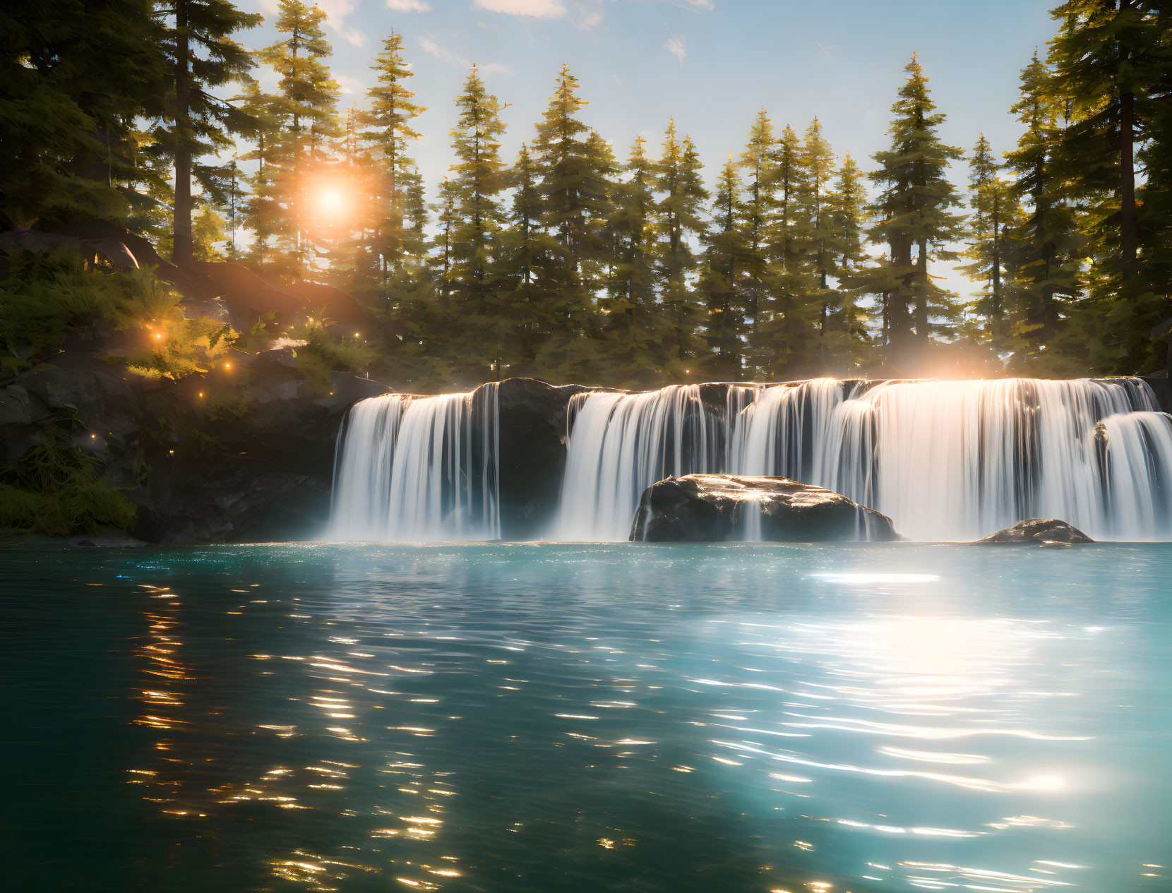 Tranquil waterfall cascading into serene lake under pine trees