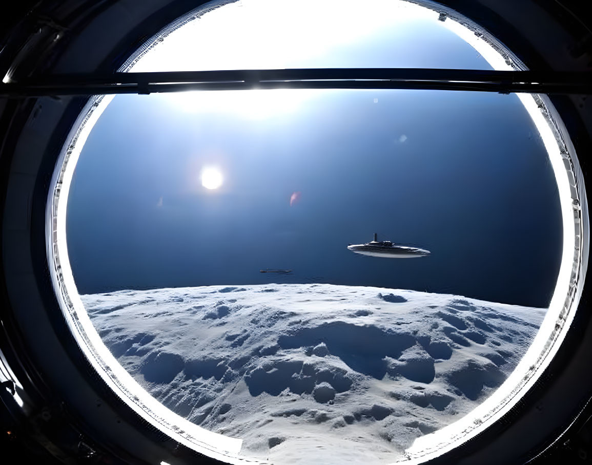 Lunar landscape and Earth seen through spaceship window with UFO.